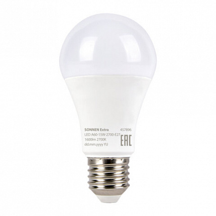 Лампа светодиодная SONNEN EXTRA, 15 (130) Вт, Е27, груша, теплый белый, 30000 ч, LED A60-15W-2700-Е27, 457896