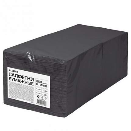 Салфетки бумажные 2-х слойные, 33x33 см., 200 штук в упаковке, 1/4 сложение, LAIMA, черные, код 116660