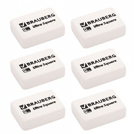 Ластики BRAUBERG "Ultra Square" 6 шт., размер ластика 29х18х8 мм, белые, натуральный каучук, 229603