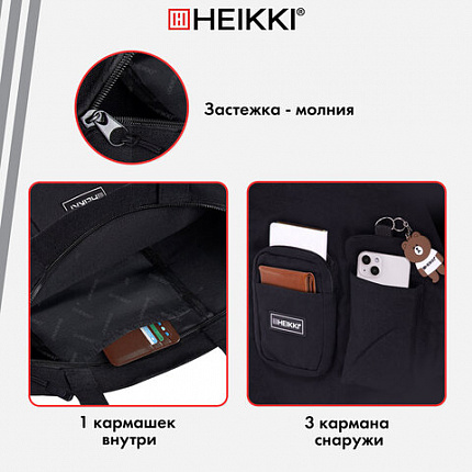 Сумка шоппер HEIKKI EQUIP (ХЕЙКИ), канвас, карманы, 38х35 см, черный, 272441