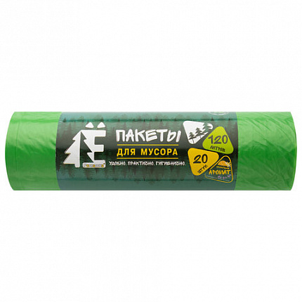 Мешки для раздельного сбора мусора 120 л, зеленые, в рулоне 20 шт., ПВД 20 мкм, 70х110 см, РОМАШКА, ЕЛР-ВР-120З
