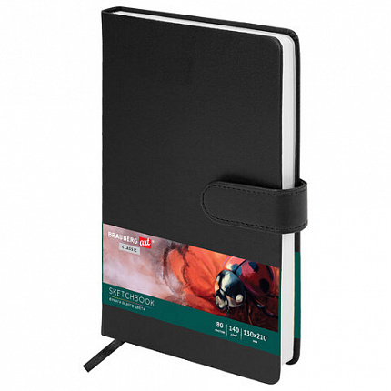 Скетчбук, белая бумага 140 г/м2 130х210 мм, 80 л., КОЖЗАМ, застежка, BRAUBERG ART CLASSIC, черный, 116461