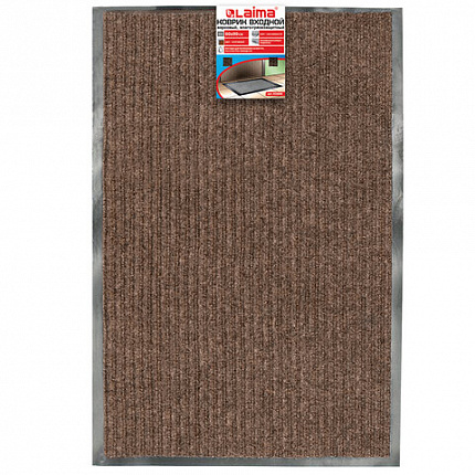 Коврик входной ворсовый влаго-грязезащитный 60х90 см, толщина 7 мм, ребристый, коричневый, LAIMA, 602868