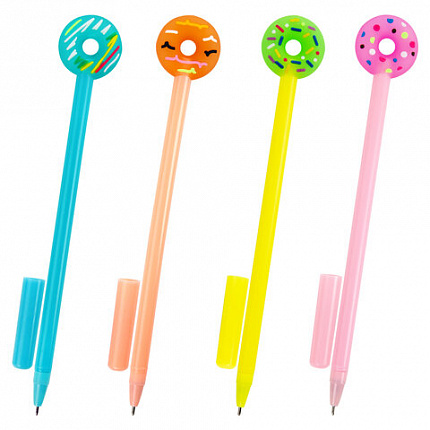 Ручка с топпером шариковая ЮНЛАНДИЯ "Пончик", корпус ассорти, СИНЯЯ, пишущий узел 0,7 мм, 143799