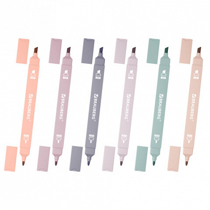 Набор текстовыделителей двусторонних 6 ЦВЕТОВ МОРАНДИ, BRAUBERG "Morandi", мягкий наконечник, скошенный 1-5 мм/пулевидный 1 мм, 152514