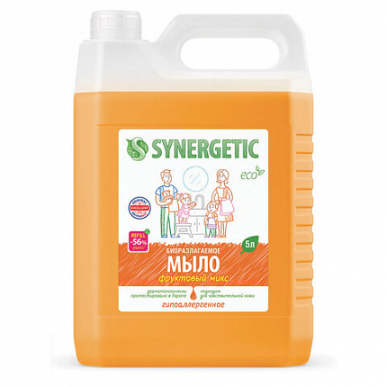 Мыло жидкое 5 л SYNERGETIC "Фруктовый микс", гипоаллергенное, биоразлагаемое, 105502