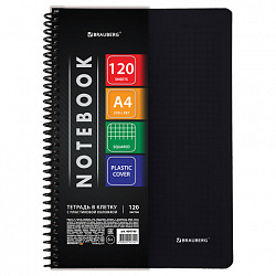 Тетрадь обложка пластик, А4, 120 л., спираль пластик, клетка, BRAUBERG "Metropolis", черный, 404740