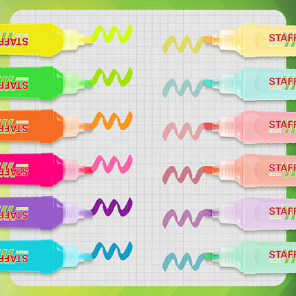 Набор текстовыделителей 12 ЦВЕТОВ, STAFF EVERYDAY HL-707, 6 неоновых цветов + 6 пастельных цветов, линия 1-5 мм, скошен. наконечник, 152552