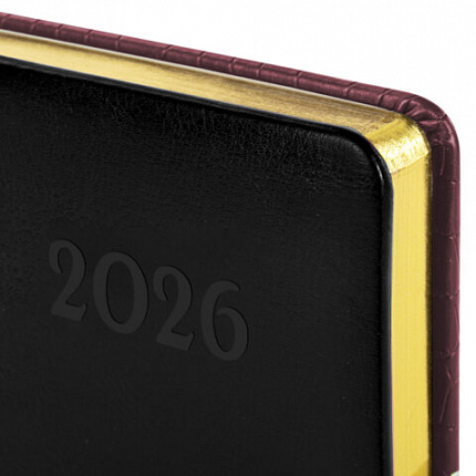 Ежедневник датированный 2026, А5, 138x213 мм, BRAUBERG "Cayman", под кожу, бордовый/черный, 117046