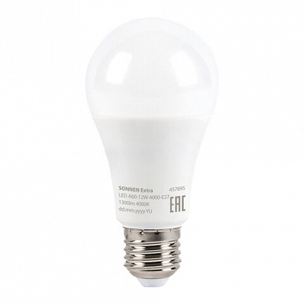 Лампа светодиодная SONNEN EXTRA, 12 (100) Вт, Е27, груша, нейтральный белый, 30000 ч, LED A60-12W-4000-Е27, 457895