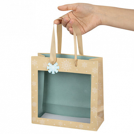 Пакет подарочный (1 шт.) новогодний, 20х8х20 см, "Snowflakes", прозрачное окно, крафт, ЗОЛОТАЯ СКАЗКА, 592444