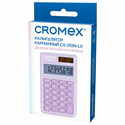 Калькулятор карманный CROMEX CX-210N-LV (96х62 мм), 8 разрядов, двойное питание, сиреневый, 273836