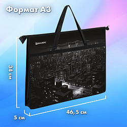 Папка для рисунков и чертежей с ручками BRAUBERG А3, пластик, молния сверху, "Night city", 273410
