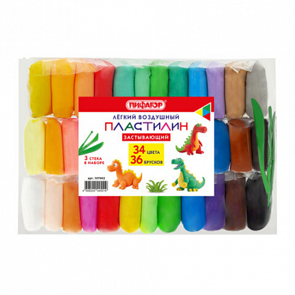 Пластилин супер лёгкий воздушный застывающий 36 штук (32 цвета + 2 белых + 2 черных), 310 г, 3 стека, ПИФАГОР, 107042