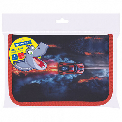Пенал BRAUBERG с наполнением, 1 отделение, 1 откидная планка, 24 предмета, 21х14 см, "Foggy car", 273533