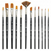 Кисти художественные набор 12 шт., в черной скрутке, синтетика, BRAUBERG ART CLASSIC, № 1-14 + веерная, 200968