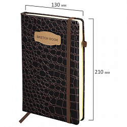 Скетчбук, слоновая кость 140 г/м2, 130х210 мм, 80 л., КОЖЗАМ, резинка, BRAUBERG ART CLASSIC, CROCO, коричневый, 116471