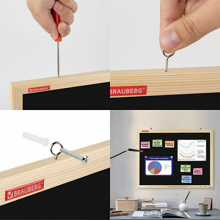 Доска для мела магнитная 30х45 см, черная, деревянная рамка, BRAUBERG "Wood", 238801