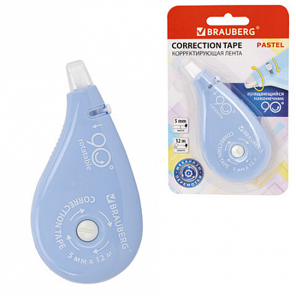 Корректирующая лента BRAUBERG PASTEL 5 мм х 12 м, вращающийся наконечник 90°, механизм перемотки, корпус голубой, блистер, 272488
