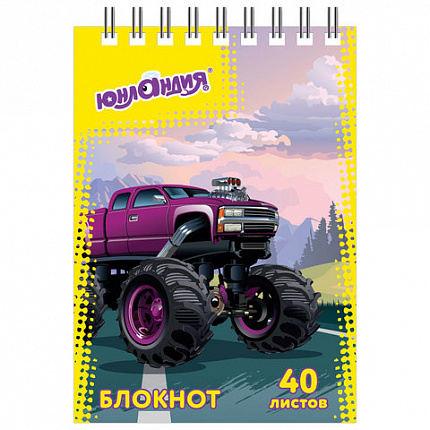 Блокнот МАЛЫЙ ФОРМАТ А7 75х105 мм, 40 л., гребень, картон, клетка, ЮНЛАНДИЯ, "МОНСТР-ТРАК"/"ФУТБОЛ", 129859