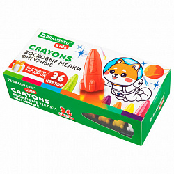 Восковые мелки фигурные BRAUBERG KIDS "РАКЕТА", НАБОР 36 цветов + НАКЛЕЙКИ В ПОДАРОК, 273084