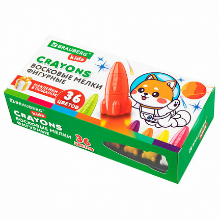 Восковые мелки фигурные BRAUBERG KIDS "РАКЕТА", НАБОР 36 цветов + НАКЛЕЙКИ В ПОДАРОК, 273084