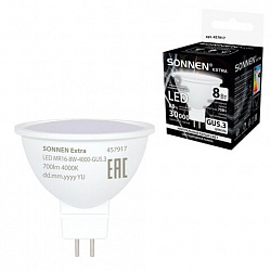 Лампа светодиодная SONNEN EXTRA, 8 (70) Вт, GU5.3, софит, нейтральный белый, 30000 ч, LED MR16-8W-4000-GU5.3, 457917