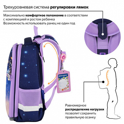 Ранец BRAUBERG PREMIUM, 2 отделения, с брелоком, "Кот с бабочками", СВЕТЯЩИЙСЯ, 38х29х16 см, 273099