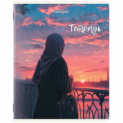 Тетрадь А5, 48 л., BRAUBERG, скоба, клетка, матовая ламинация, Восточная девушка (микс в спайке), 405647