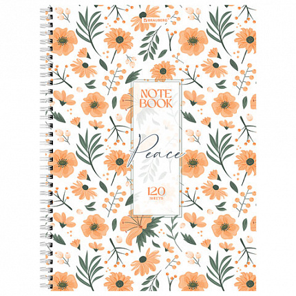 Тетрадь А4, 120 л., BRAUBERG, гребень, клетка, матовая ламинация, "Цветочный паттерн", 405646