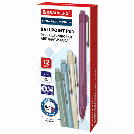 Ручка шариковая автоматическая с грипом BRAUBERG "COMFORT GRIP", СИНЯЯ, игольчатый наконечник 0,7 мм, линия письма 0,35 мм, 144323
