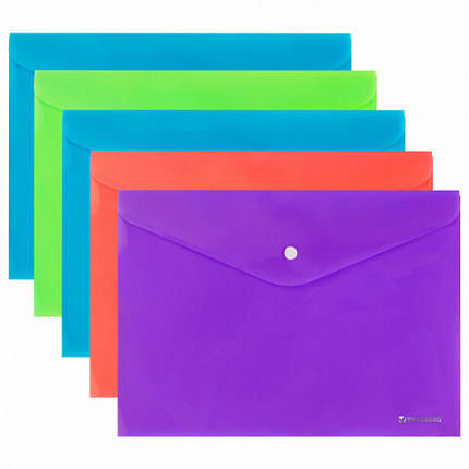 Папка-конверт с кнопкой А4, КОМПЛЕКТ 5 шт., яркие неоновые цвета ассорти, BRAUBERG "NEON", 272872