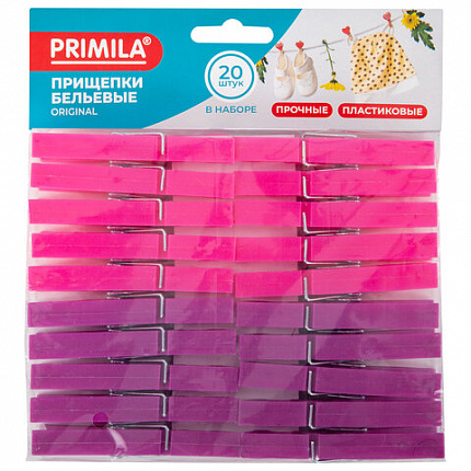 Прищепки бельевые 7,8 см, КОМПЛЕКТ 20 штук, пластик, ассорти, PRIMILA (ПРИМИЛА) ORIGINAL, 700511