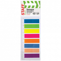Закладки клейкие неоновые STAFF, 45х12 мм, 200 штук (8 цветов х 25 листов), на пластиковой линейке 12 см, 129356