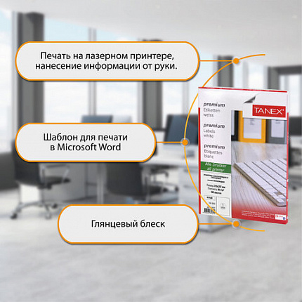 Этикетка самоклеящаяся ГЛЯНЦЕВАЯ 210х297 мм, 1 этикетка, белая, 80 г/м2, 100 листов, TANEX, сырье Финляндия, 114547, TW-2000