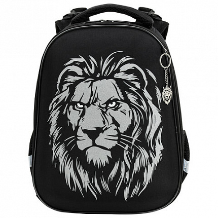 Ранец BRAUBERG SHINY, 2 отделения, с брелком, "Savage lion", светящийся рисунок, 38х28х14 см, 272039