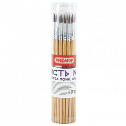 Кисть ПИФАГОР, ПОНИ, круглая, № 4, деревянная лакированная ручка, с колпачком, 200833
