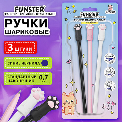 Ручки с топпером шариковые FUNSTER "CAT PAWS", НАБОР 3 ШТУКИ, СИНИЕ, пишущий узел 0,7 мм, линия письма 0,35 мм, 144375
