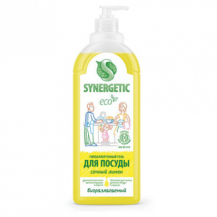 Гель для мытья посуды антибактериальный 1 л, SYNERGETIC "Лимон", дозатор, 103101