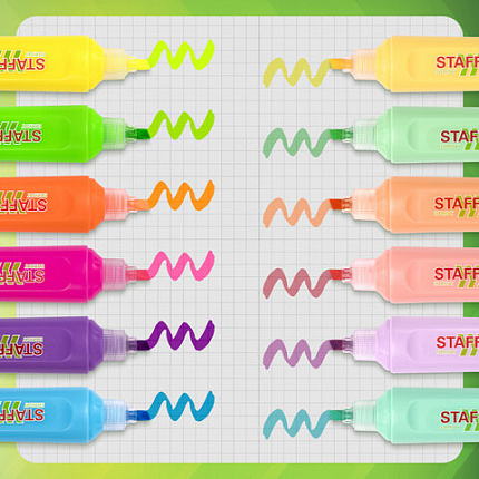 Набор текстовыделителей 12 ЦВЕТОВ, STAFF "EVERYDAY HL-720", 6 неоновых цветов + 6 пастельных цветов, линия 1-5 мм, 152557