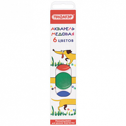 Краски акварельные медовые 6 цветов ПИФАГОР "ВЕСЕЛАЯ ТАКСА", картонная коробка, 192006