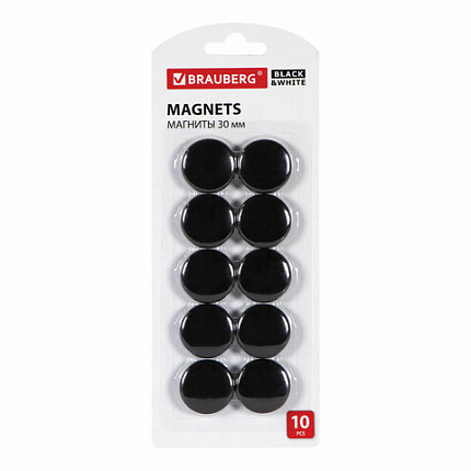 Магниты BRAUBERG "BLACK&WHITE" УСИЛЕННЫЕ 30 мм, НАБОР 10 шт., черные, 237466