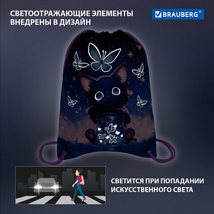 Мешок для обуви BRAUBERG PREMIUM, карман, подкладка, светоотражайка, 43х33 см, "Night catcher", 273442