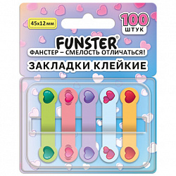 Закладки клейкие Z-сложения FUNSTER (ФАНСТЕР) "Сердечки", 45х12 мм, 100 шт., (5 цветов х 20 листов), в диспенсере, 116704