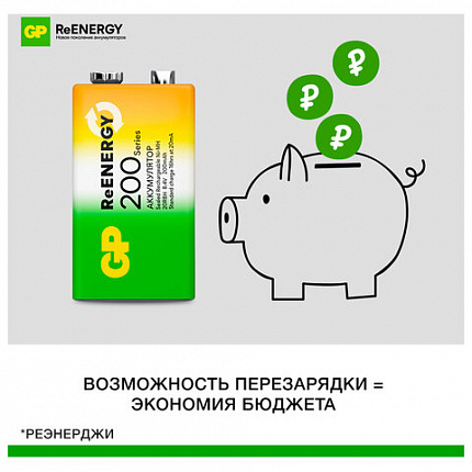 Батарейка аккумуляторная GP ReEnergy Ni-Mh 1 шт., "Крона" (20R8H 9V), 200 mAh, 20R8HRGY-2CRCB1
