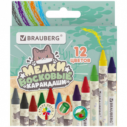 Восковые мелки BRAUBERG МИЛЫЕ КОТЫ, НАБОР 12 цветов, 273229