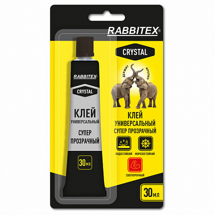 Клей универсальный "Crystal", СУПЕР ПРОЗРАЧНЫЙ кристальный, 30 мл, RABBITEX (РАББИТЕКС) "ДВА СЛОНА", 609815