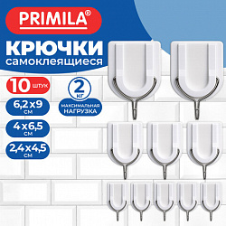 Крючки самоклеящиеся 3 размера, КОМЛЕКТ 10шт, пластик+металл, полуовал, белые, PRIMILA (ПРИМИЛА), 702383