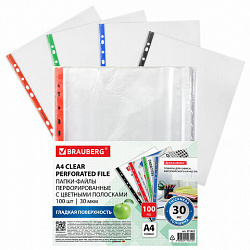 Папки-файлы перфорированные с цветными полосками А4 BRAUBERG, КОМПЛЕКТ 100 шт., гладкие, 30 мкм, 271827