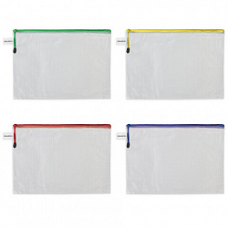 Папка-конверт СУПЕР КОМПЛЕКТ на молнии ПЛОТНЫЕ 4 штуки А4, сетчатая, BRAUBERG, 271348